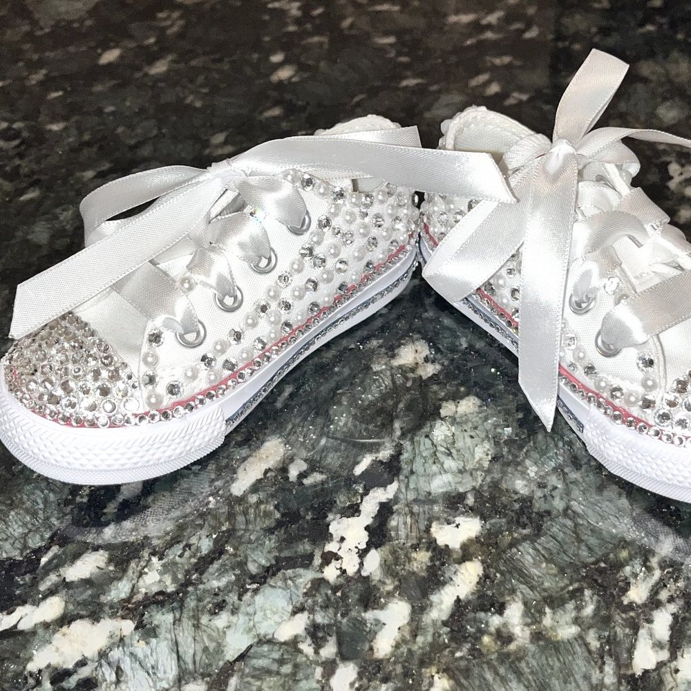 Custom Bedazzled Converse Sneakers w/ Diamond & Pearl Embellishments for Infant